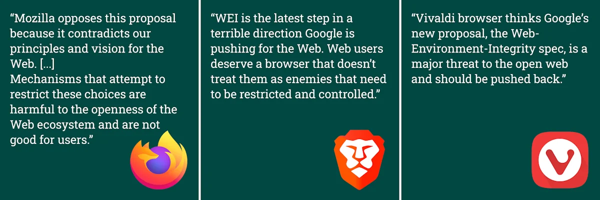 
        Official stances of major browsers. 
        Firefox: "Mozilla opposes this proposal because it contradicts our principles and vision for the Web. Mechanisms that attempt to restrict these choices are harmful to the openness of the Web ecosystem and are not good for users.".
        Brave: "WEI is the latest step in a terrible direction Google is pushing for the Web. Web users deserve a browser that doesn’t treat them as enemies that need to be restricted and controlled.".
        Vivaldi: "Vivaldi browser thinks Google’s new proposal, the Web-Environment-Integrity spec, is a major threat to the open web and should be pushed back."
        